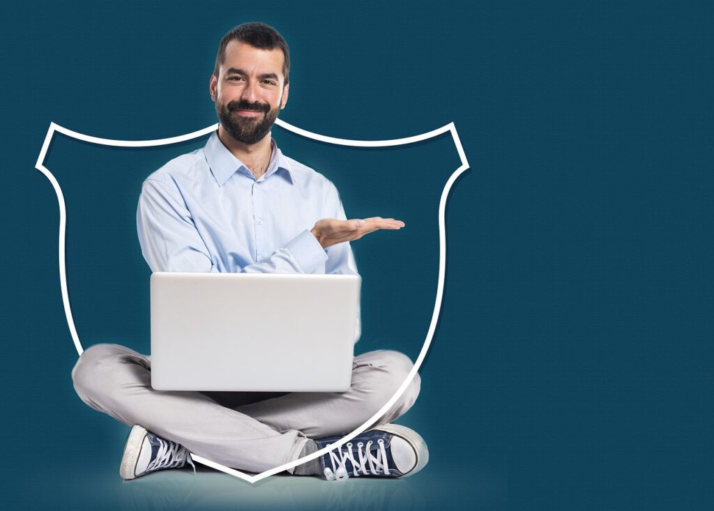 laptop, person, security, man, blue security